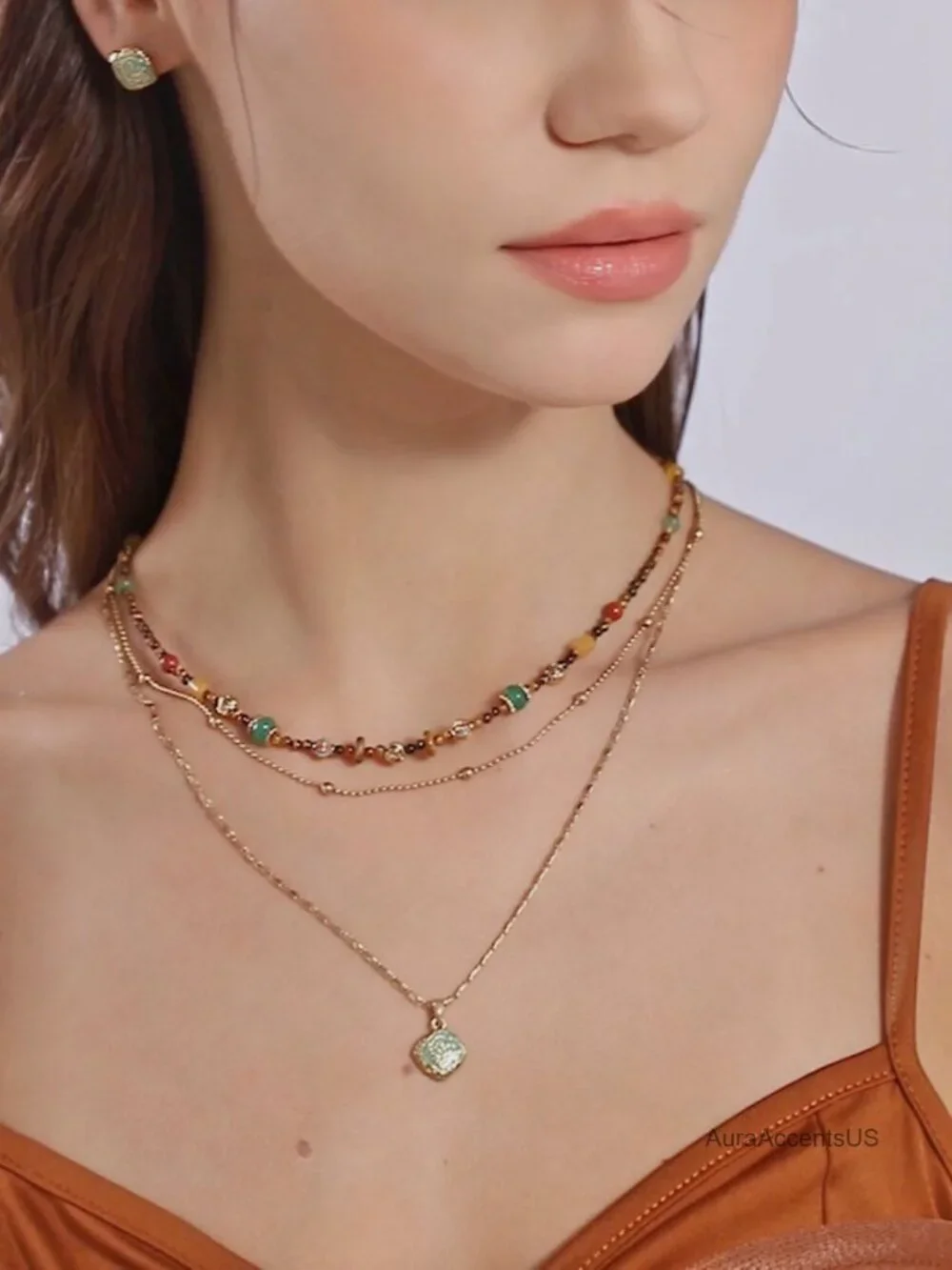 Boho Layered Beaded Necklace Retro Multi-Layer Gold Plated Pendant Chain